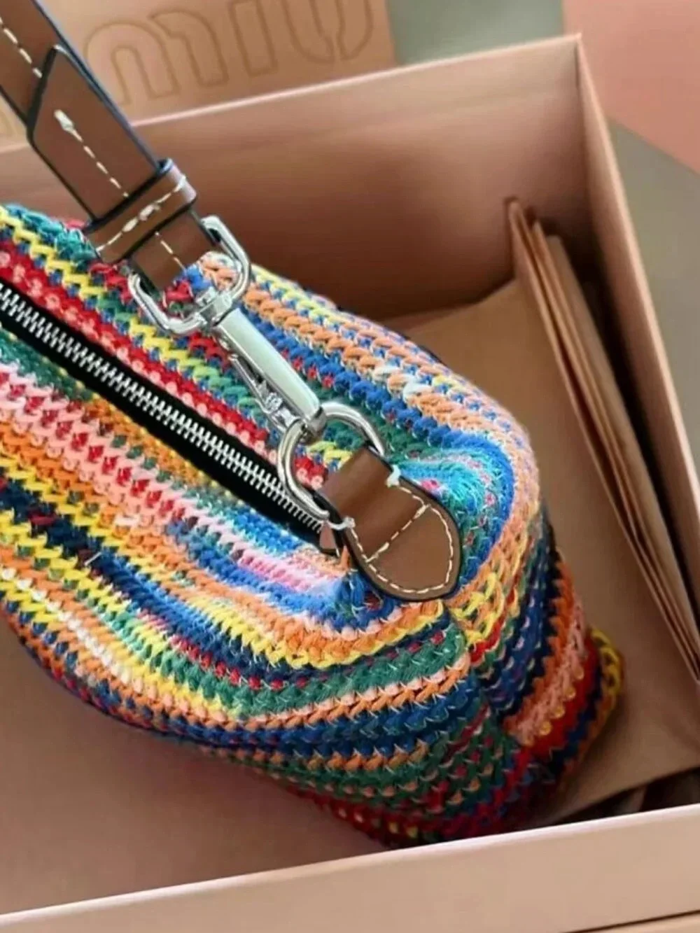 Miu Miu Multicolor Crochet Shoulder Bag with Black Logo